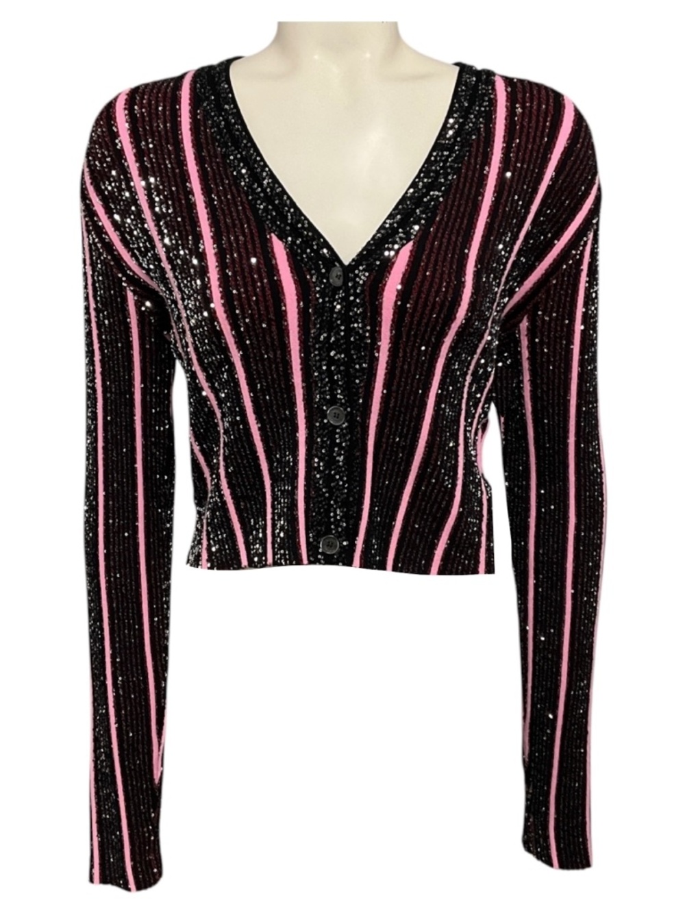 MISSONI PINK / BLACK / SILVER SEQUINED STRIPED KNIT CARDIGAN SWEATER